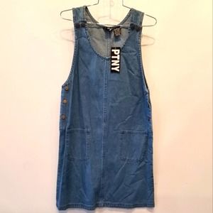 Vintage 90's New Denim Jumper Dress Blue Pockets Button Side Size S